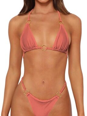 Women's Red Bean Paste Ring-Detail Triangle Bikini Top and Bottom Set